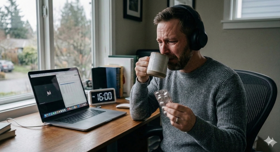 Remote worker with neck pain at 16:00